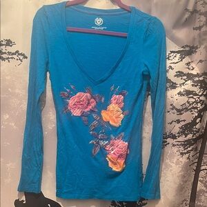 American Eagle Outfitters Deep V Neck Teal Long Sleeve with Floral Design